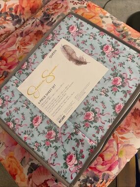 Jessica Simpson Rose Ribbon Print Sheet Set - Light Blue & Pink